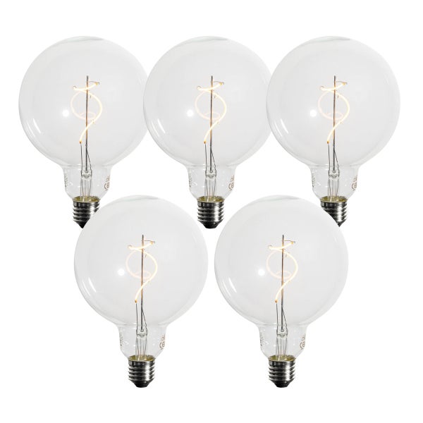 Fünferpack LED-Globelampen aus klarem Glas mit sichtbarem Spiral-Filament.