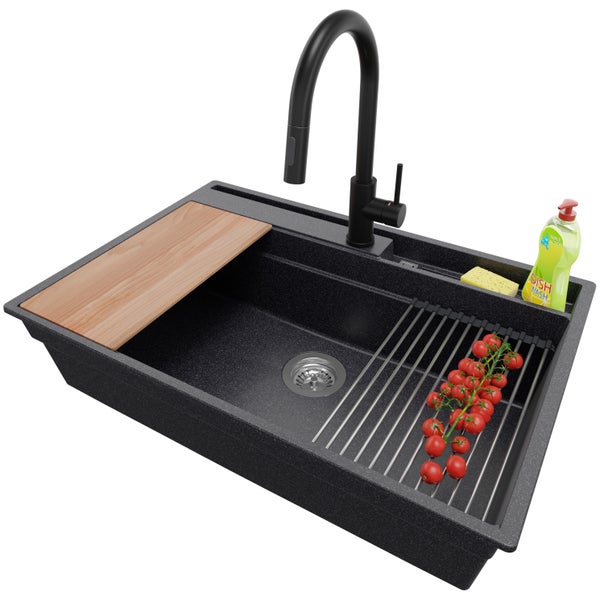 PRIMAGRAN Granitspüle Anthrazit 78x53cm, Spülbecken 1 Becken + Küchenarmatur 40x20cm + Ablauf-Set + Küchenzubehörset, Küchenspüle ab 80er Unterschrank - Oslo Pocket