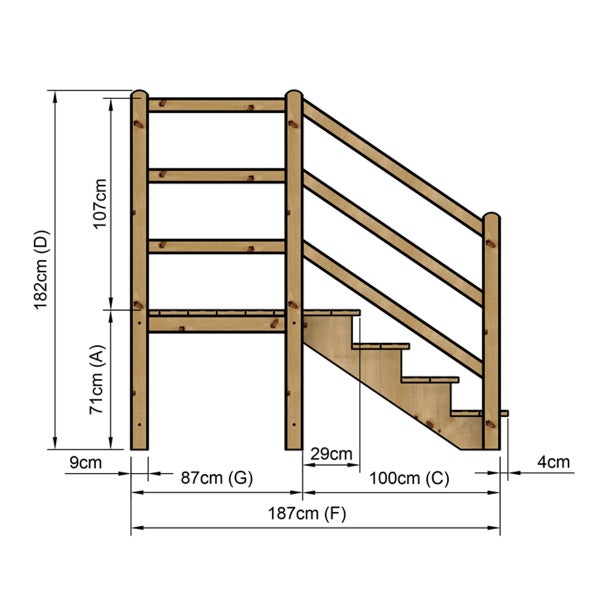 Technische Zeichnung einer Holztreppe mit Höhen- und Breitenangaben