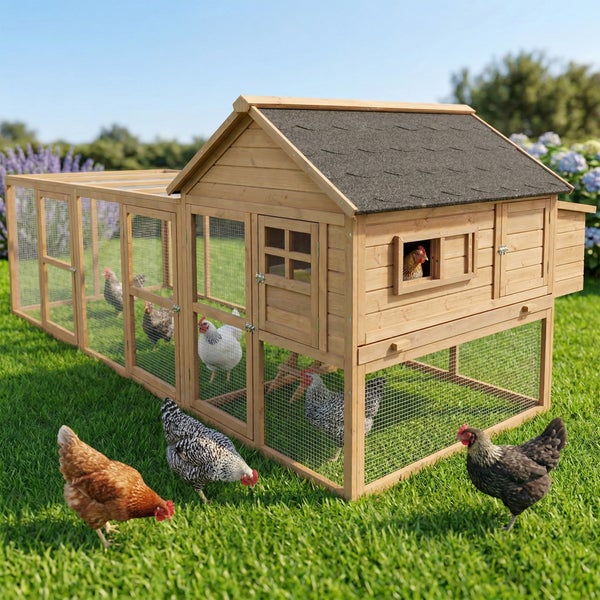 Zweistöckiger Kleintierstall aus Holz mit integriertem Freigehege, Leiter und klappbarem Dach auf einer Rasenfläche.