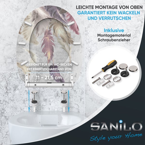 Sanilo Logo. Toilettensitz mit Federmotiv, Montagematerial und Schraubendreher für einen Lochabstand von 11 bis 21,5 Zentimeter.