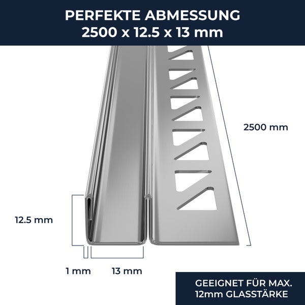 Metallprofil für Glas mit den Maßen 2500 mal 12,5 mal 13 Millimeter, geeignet für maximal 12 Millimeter Glasstärke.