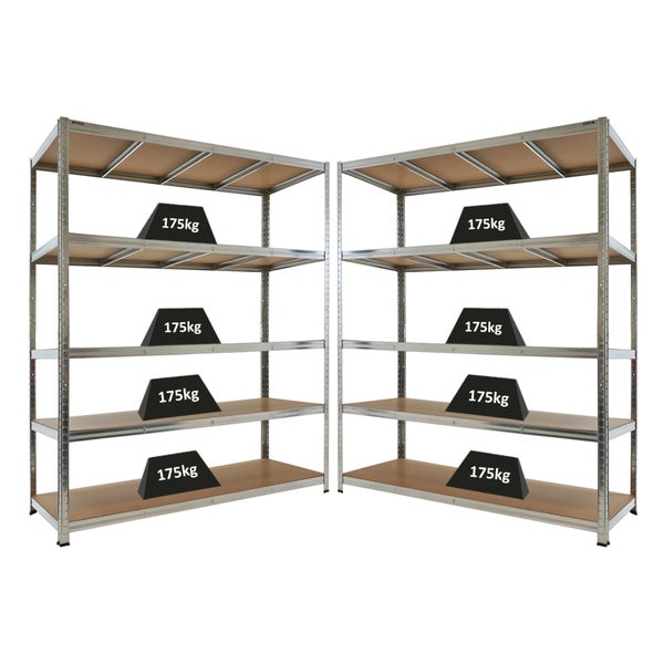 Zwei Schwerlastregale aus Metall mit je fünf Holzböden und einer Traglast von 175 Kilogramm pro Boden.