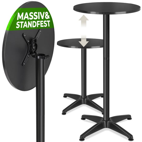 Höhenverstellbarer und klappbarer Bistrotisch in Schwarz mit runder Tischplatte und Vierfußgestell. Massiv und standfest.