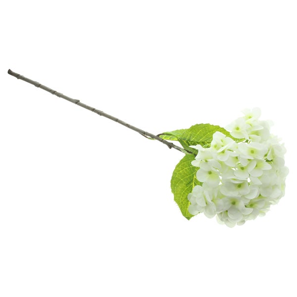 Künstliche Hortensie mit weißer Blüte, grünem Blatt und braunem Stiel