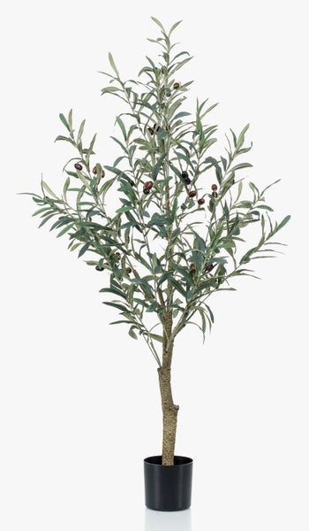 Künstlicher Olivenzweig mit Oliven und Blättern.