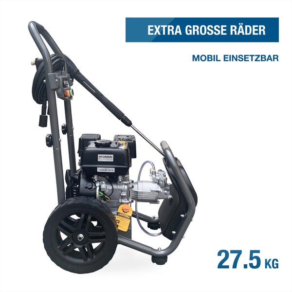 Hyundai Benzin-Hochdruckreiniger mit extra großen Rädern, mobil einsetzbar, Gewicht 27,5 Kilogramm.