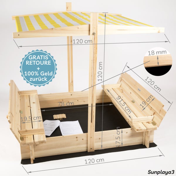 needs&wants® Sandkasten mit Abdeckung Dach Deckel Sitzbank und Boden, Sandkiste Holz quadratisch verschließbar UV-Sonnenschutz mit Bank Outdoor Garten für Kinder, Tanne gelb weiß braun