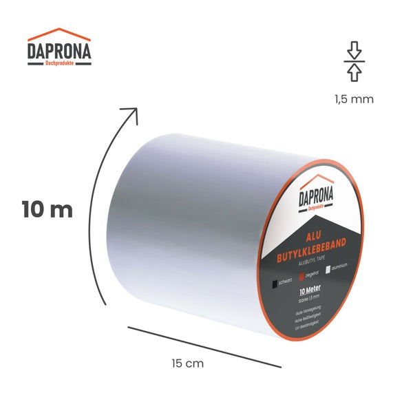 Daprona Aluminium Butylklebeband, Rolle mit 10 Meter Länge, 15 Zentimeter Breite und 1,5 Millimeter Stärke. Daprona Logo.