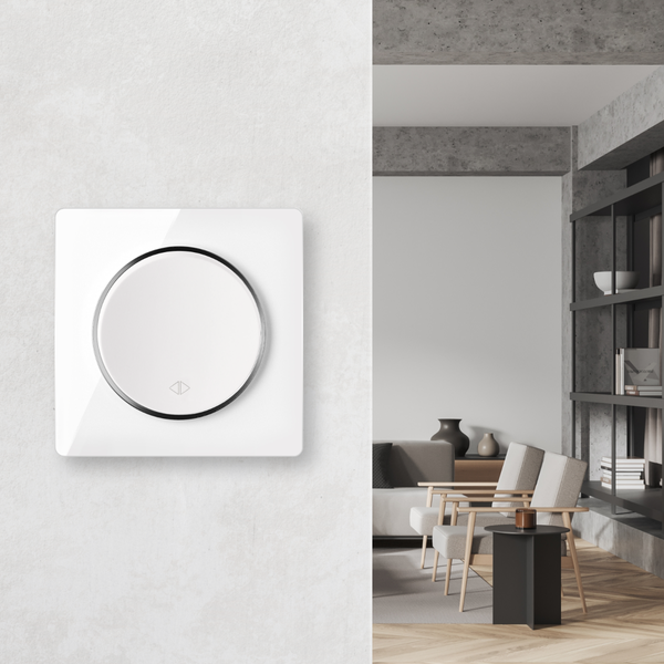 Moderner Rollladenschalter quadratisch mit rundem Bedienelement in einem minimalistischen Wohnraum mit Betonoptik