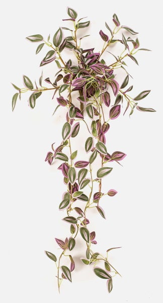 Künstliche Hängepflanze Tradescantia mit grün-violett gestreiften Blättern.