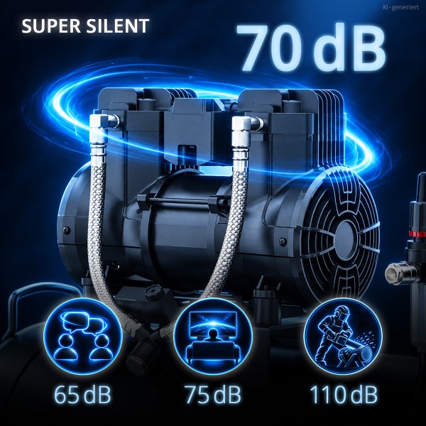 Super leiser Kompressor mit 70 Dezibel Lautstärke und Vergleichsgrafiken zu verschiedenen Lärmquellen.