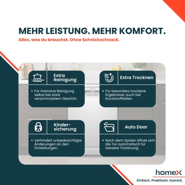Homex Geschirrspüler Funktionen: Extra Reinigung, Extra Trocknen, Kindersicherung, Auto Door