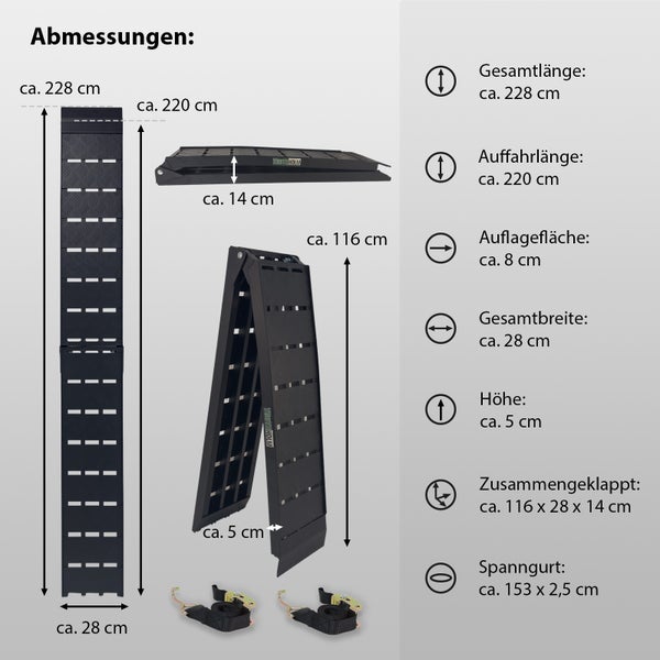 TRUTZHOLM 2 x Auffahrrampe klappbar 228 cm Traglast 1360 kg Alu geriffelt Motorradrampe Verladerampe