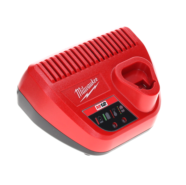 Milwaukee M12 Akku-Ladegerät für Werkzeugakkus mit Ladestandsanzeige und Lüftungsschlitzen.