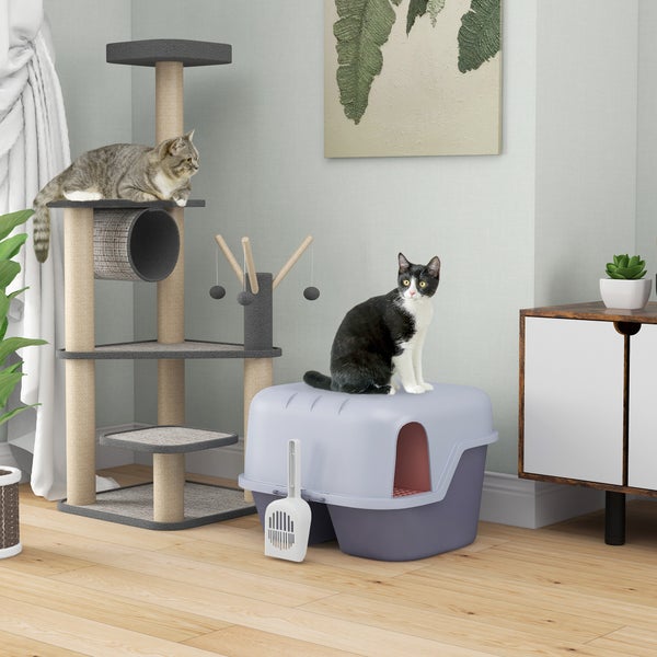 PawHut Katzentoilette mit Deckel, Katzenklo mit Sieb, Schaufel, geschlossen Katze Toilettenhaus für kleine Katze unter 3,5 kg, Indoor, Kunststoff, Violett
