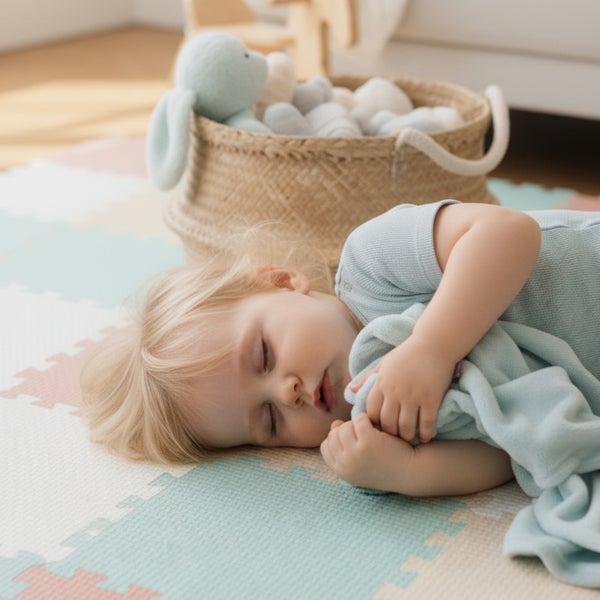 Schlafendes Kleinkind auf einer bunten Schaumstoff-Puzzlematte im hellen Kinderzimmer mit einem Spielzeugkorb im Hintergrund.