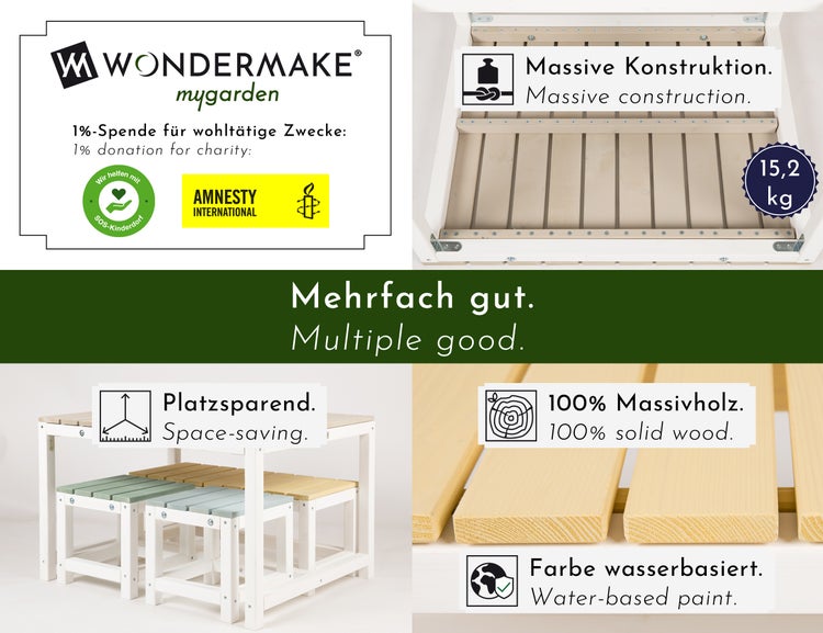 WONDERMAKE® Design Kindersitzgruppe Outdoor Garten Holz mit Abdeckung, Kinder-Sitzgarnitur Indoor Picknick-Gruppe ab 3 Jahre, weiß bunt