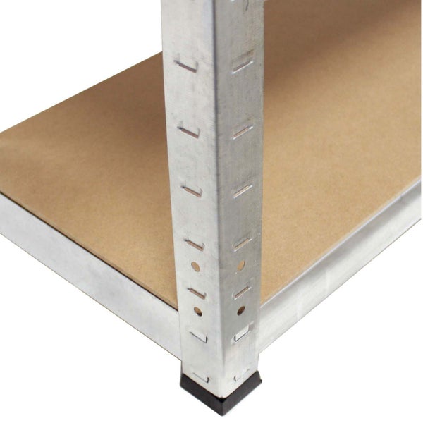Detailansicht einer Eckverbindung eines Schwerlastregals mit Stecksystem aus verzinktem Metall und Holzboden.