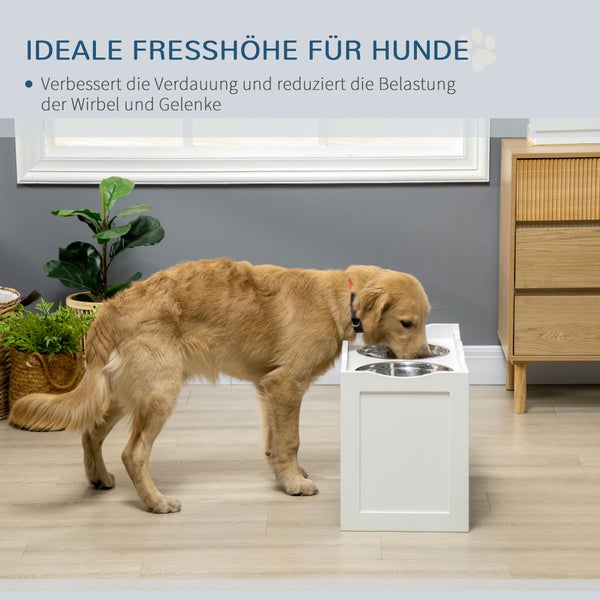 PawHut Erhöhter Hundenapf, Futternapf mit erhöhtem Rand, 2 x 2L abnehmbare Hundenapf aus Edelstahl, Fressnapf für sehr grpße Hunde, Futterstation, Weiß