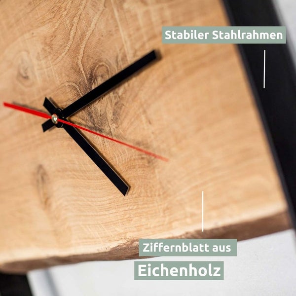 holz4home Quadratische Wanduhr mit Stahlrahmen aus massiver Eiche