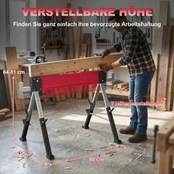 Höhenverstellbarer Arbeitsbock aus Metall in einer hellen Werkstatt mit sieben Höheneinstellungen von 64 bis 81 Zentimeter.