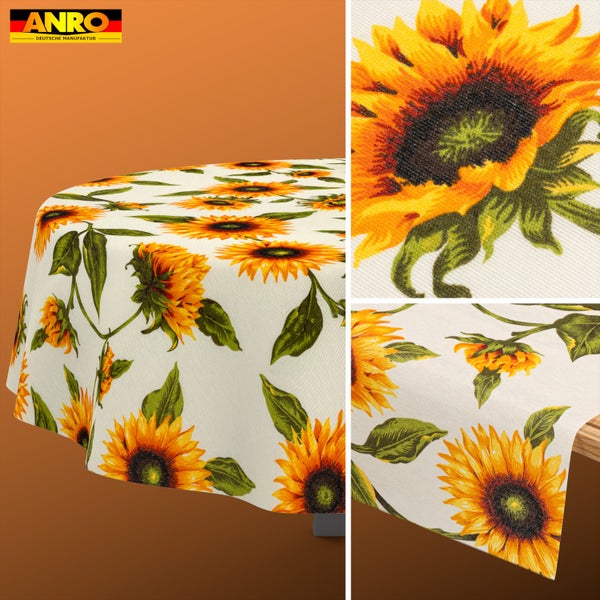 Runde Tischdecke mit Sonnenblumen-Muster und ANRO Logo.