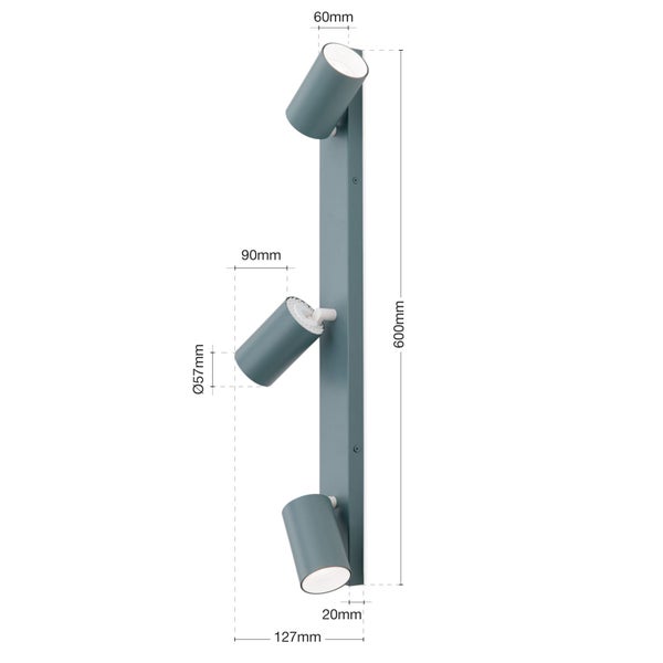 Wandleuchte mit drei Strahlern und Maßangaben