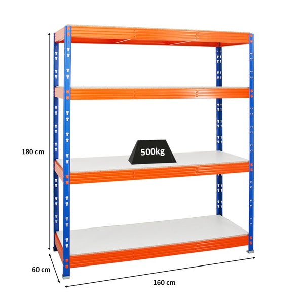 PROREGAL Profi Schwerlastregal Rhino HxBxT 180 x 160 x 60 cm 4 Melamin-Ebenen 16mm Fachlast 500 kg Blau/Orange