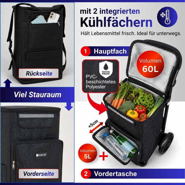 Drei in eins Einkaufsbegleiter von Haferkamp als Rucksack, Einkaufstrolley und Sackkarre mit reflektierenden Streifen für erhöhte Sichtbarkeit.