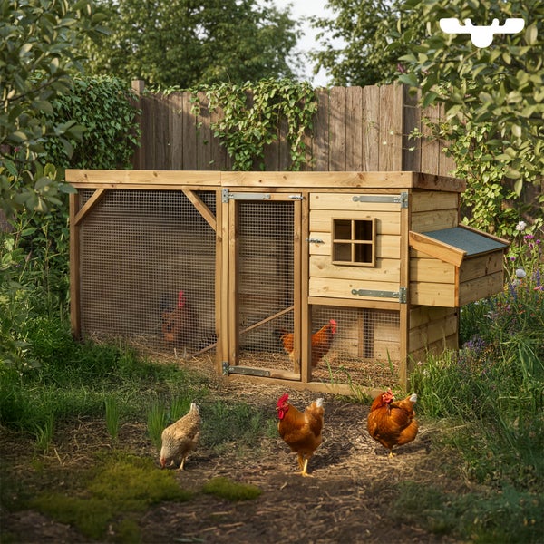 Hühnerstall aus Holz mit Hühnern im Garten