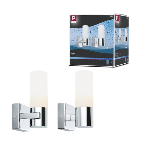 Paulmann Wandleuchte Gemini 2er-Set, IP44 Spritzwasserschutz, Chrom und Glas, moderne Badezimmerlampe.
