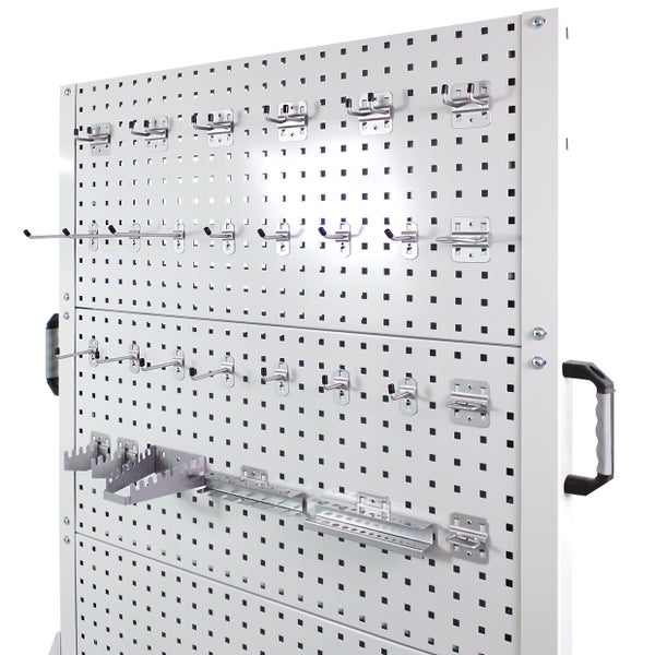 PROREGAL Rollwagen mit 6 Lochplatten + 28-teilige Haken-Set | HxBxT 171x106,5x73cm | Lichtgrau