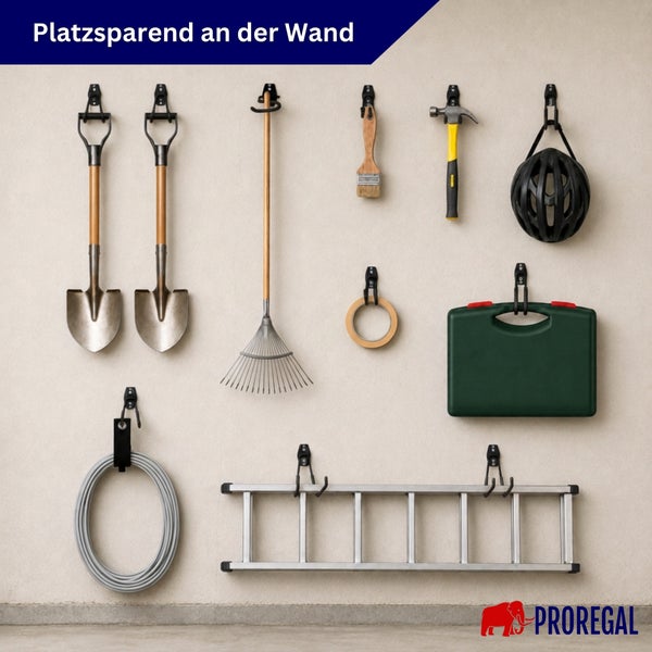 Wandaufhängung zur platzsparenden Organisation von Werkzeugen und Gartenutensilien mit verschiedenen Haken und Halterungen von Proregal Logo