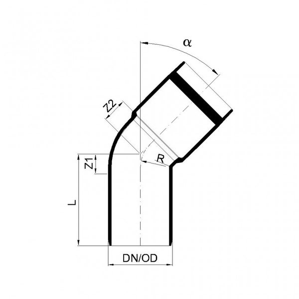 Technische Zeichnung eines Rohrbogens mit Maßangaben für Länge, Radius, Winkel und Durchmesser.