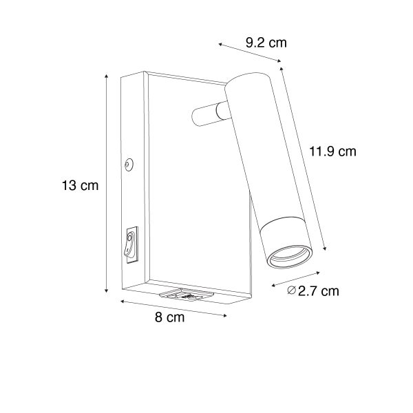 Technische Zeichnung einer Wandleuchte mit den Maßen 13 cm Höhe, 8 cm Breite, 11,9 cm Länge und 2,7 cm Durchmesser.