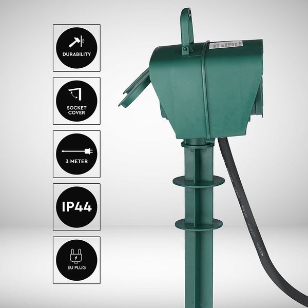 V-TAC VT-1114-3 - 4-Wege-Gartensteckdosen - Grün - IP44 - 3m Kabel - Garden Spike