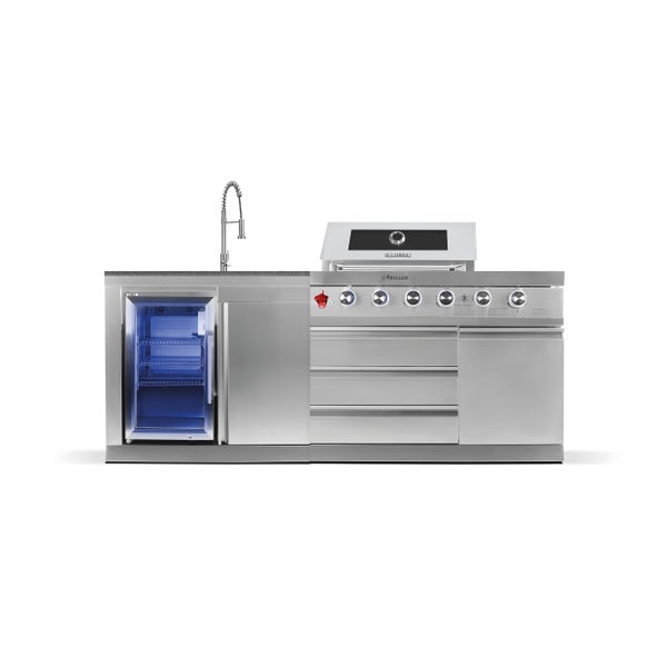 Goriller Außenküche aus Edelstahl mit Gasgrill, integriertem Kühlschrank, Spüle mit hoher Armatur und Stauraum.