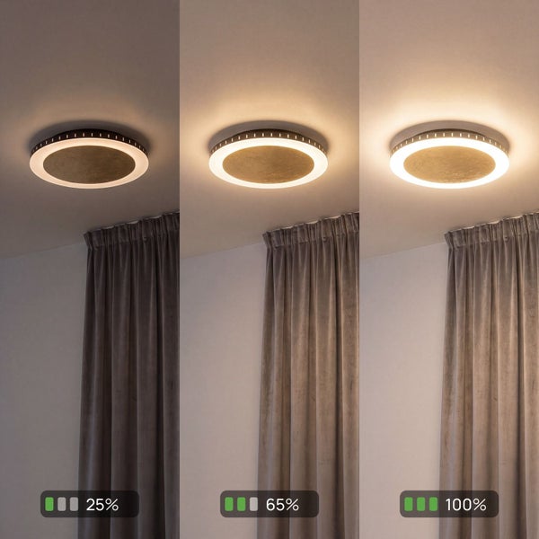 Runde LED-Deckenleuchte mit Dimmfunktion in drei Stufen: 25 Prozent, 65 Prozent und 100 Prozent Helligkeit.