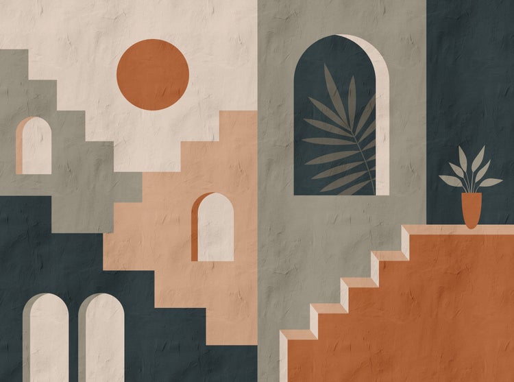 Abstrakte Fototapete mit geometrischer Architektur, Treppen, Rundbögen und Pflanzenmotiven in strukturierter Putzoptik.