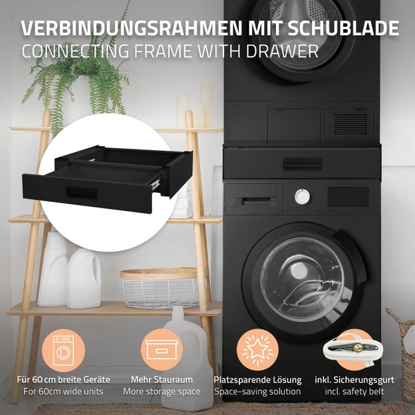 ML-Design Verbindungsrahmen für Waschmaschine und Trockner mit ausziehbarer Schublade, Stahl, 60,5x54cm, Schwarz, rutschfest, Zwischenbausatz Universal Zwischenrahmen Zwischenbaurahmen Trocknersäule