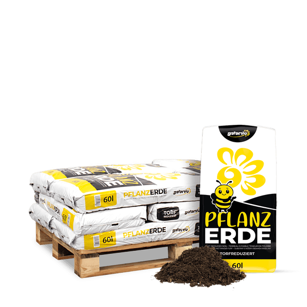 Galamio Pflanzerde torfreduziert 60 Liter auf einer Holzpalette mit einem Haufen loser Erde.