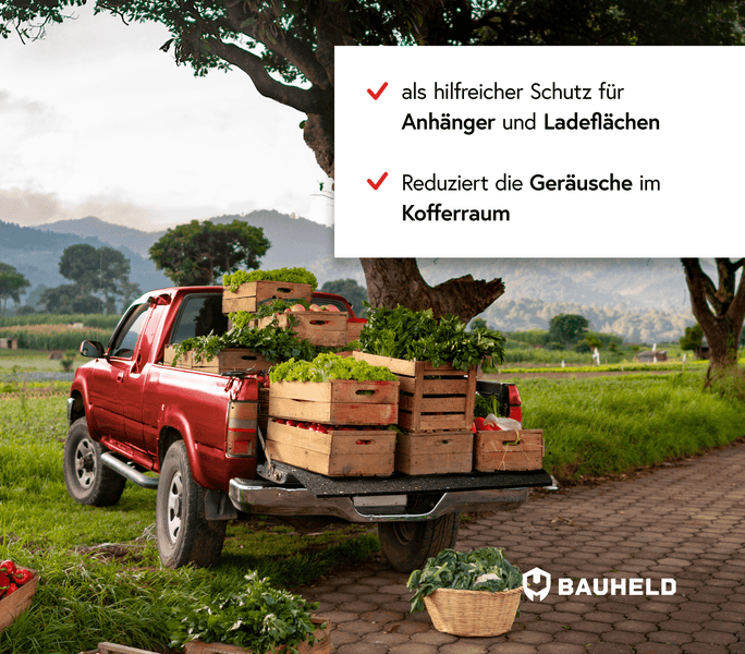 Schutzmatte für Anhänger und Ladeflächen zur Lärmminderung beim Transport von Lebensmitteln auf einem Pickup, Bauheld Logo.