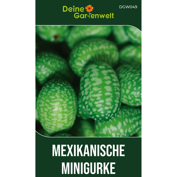 Samentüte für Mexikanische Minigurke von Deine Gartenwelt mit einer Nahaufnahme kleiner, gemusterter Früchte.