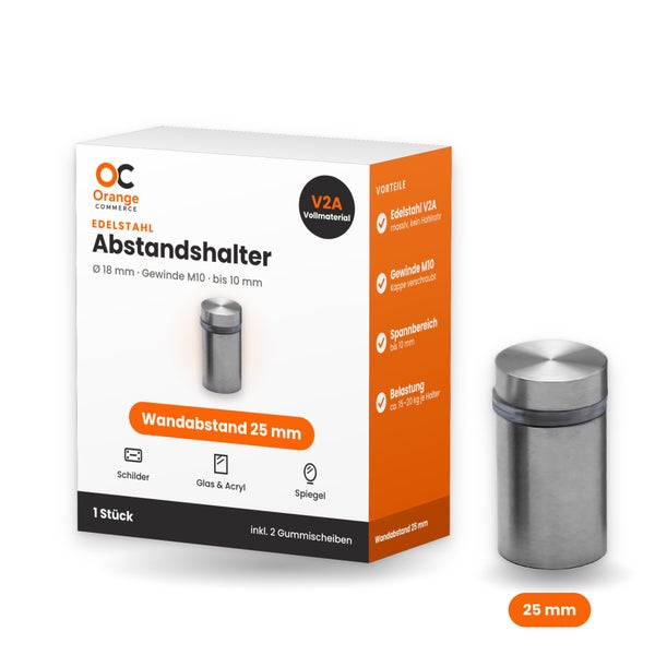 Edelstahl Wandabstandshalter 18 mm Durchmesser, M10 Gewinde, 25 mm Wandabstand inklusive zwei Gummischeiben in Verkaufsverpackung