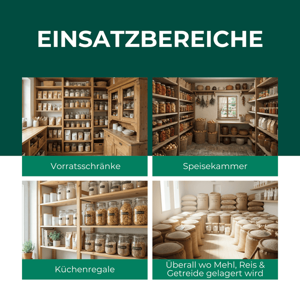 Anwendungsbereiche: Vorratsschränke, Speisekammer, Küchenregale und Lagerorte für Mehl, Reis und Getreide.