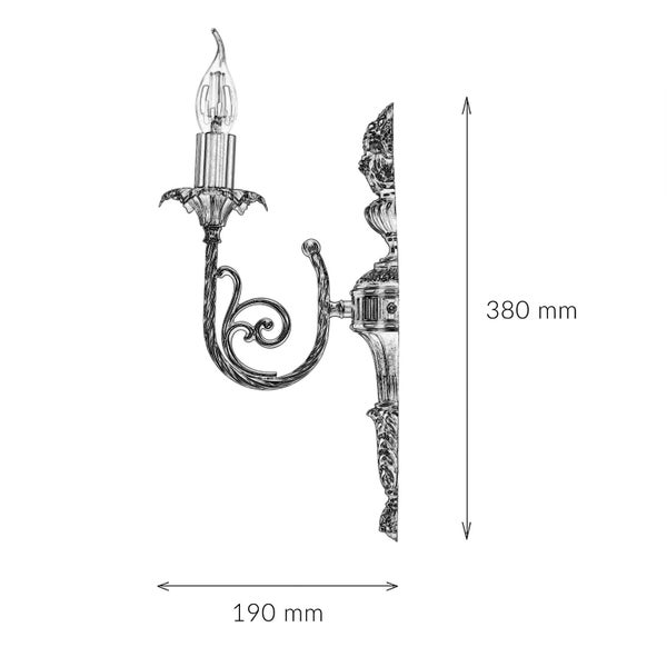 Wandleuchte mit den Maßen 380 mm Höhe und 190 mm Breite.