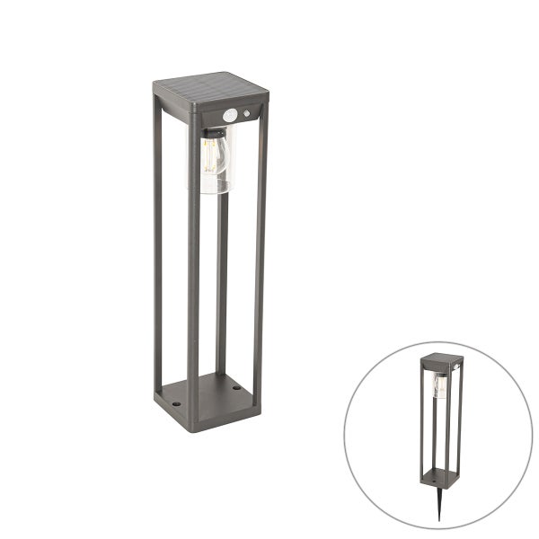 Rechteckige Solar-Sockelleuchte in Anthrazit mit Bewegungsmelder, LED-Lichtquelle und Erdspieß.