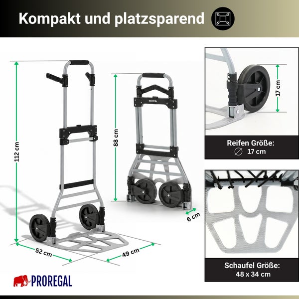 Proregal Sackkarre faltbar, Höhe 112 Zentimeter, geklappt 88 mal 6 Zentimeter, Rad 17 Zentimeter, Schaufel 48 mal 34 Zentimeter.