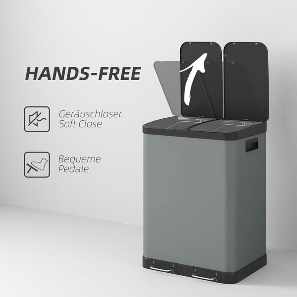 HOMCOM Mülleimer 2 x 30L Treteimer Kosmetikeimer Abfalleimer mit Deckel und Fußpedal, Müllbehälter mit Inneneimer, für Wohnzimmer, Büro, Metall, 48,8 x 39,5 x 67 cm